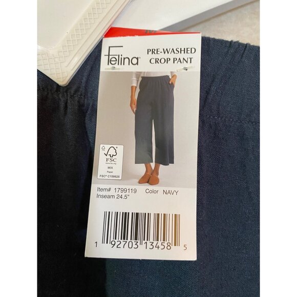 FELINA Pre-Washed Crop Pants MED Navy Elastic Waist Cotton Linen Blend - Picture 4 of 7
